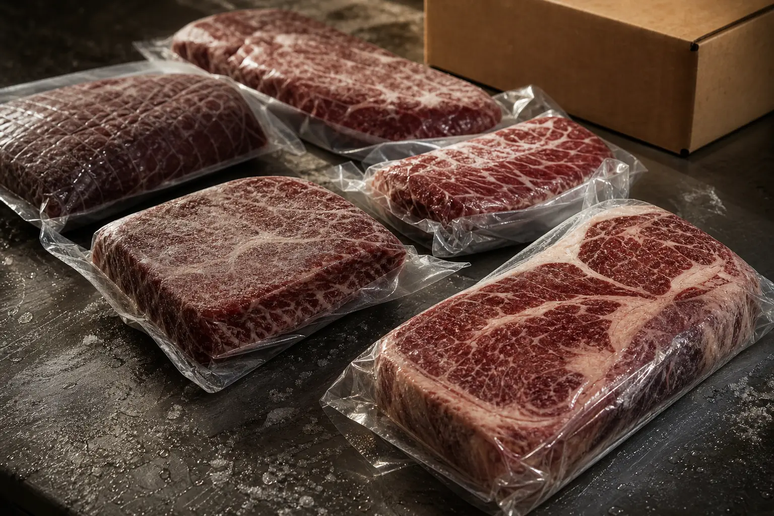 Frozen beef cuts in unbranded commercial packaging