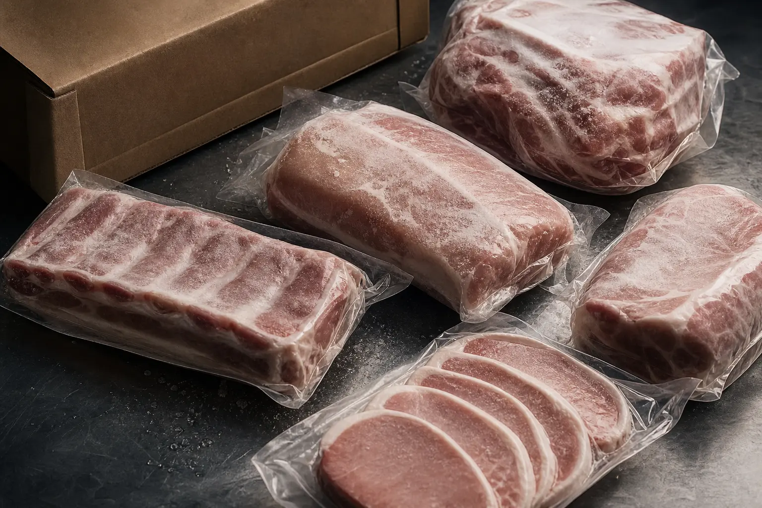 Frozen pork cuts in unbranded commercial packaging