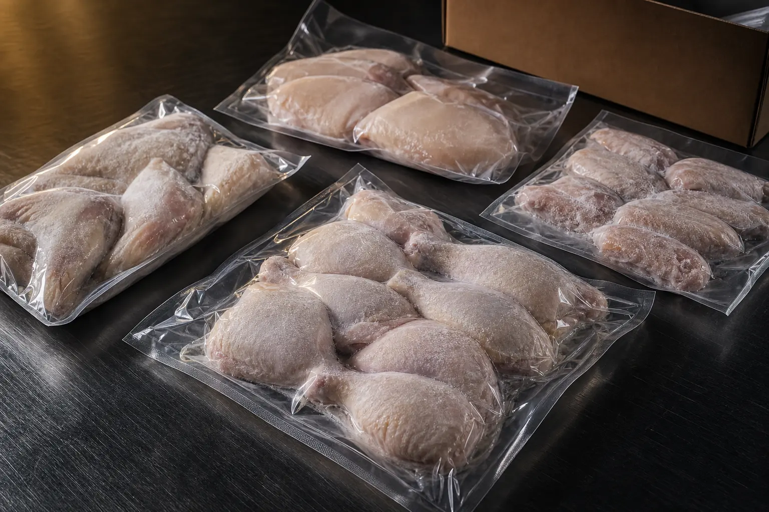 Frozen poultry portions in unbranded commercial packaging