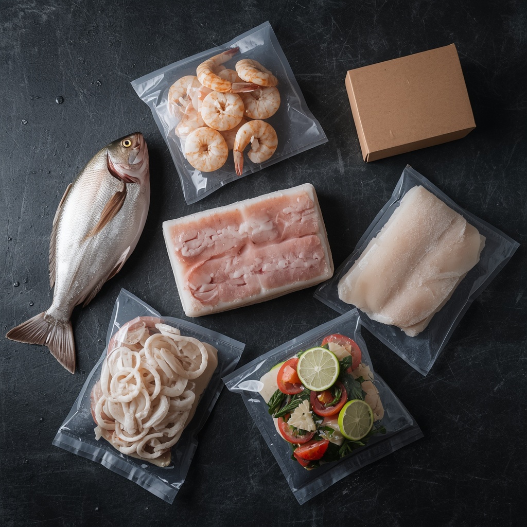 Frozen seafood in unbranded commercial packaging